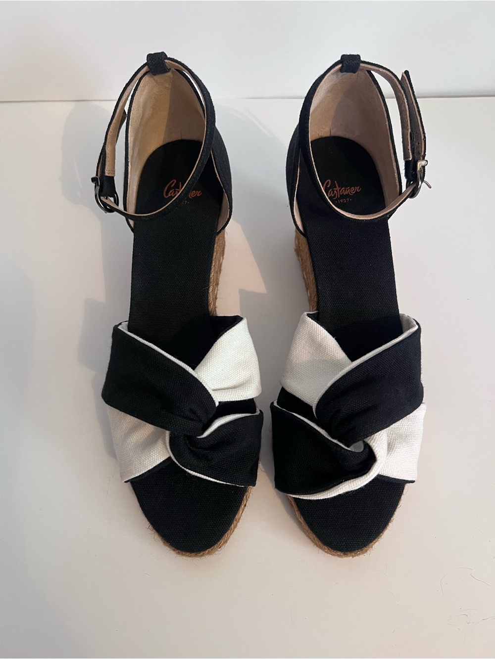NWT Castañer Black & White Knot Ankle-Strap Espadrille Wedges, Size EU 40.